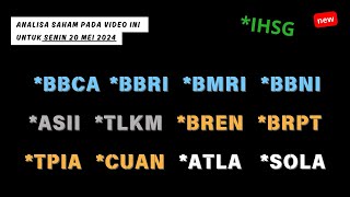 Analisa Saham 20 Mei 2024, IHSG BBCA BBRI BMRI BBNI ASII TLKM BREN BRPT TPIA CUAN ATLA SOLA