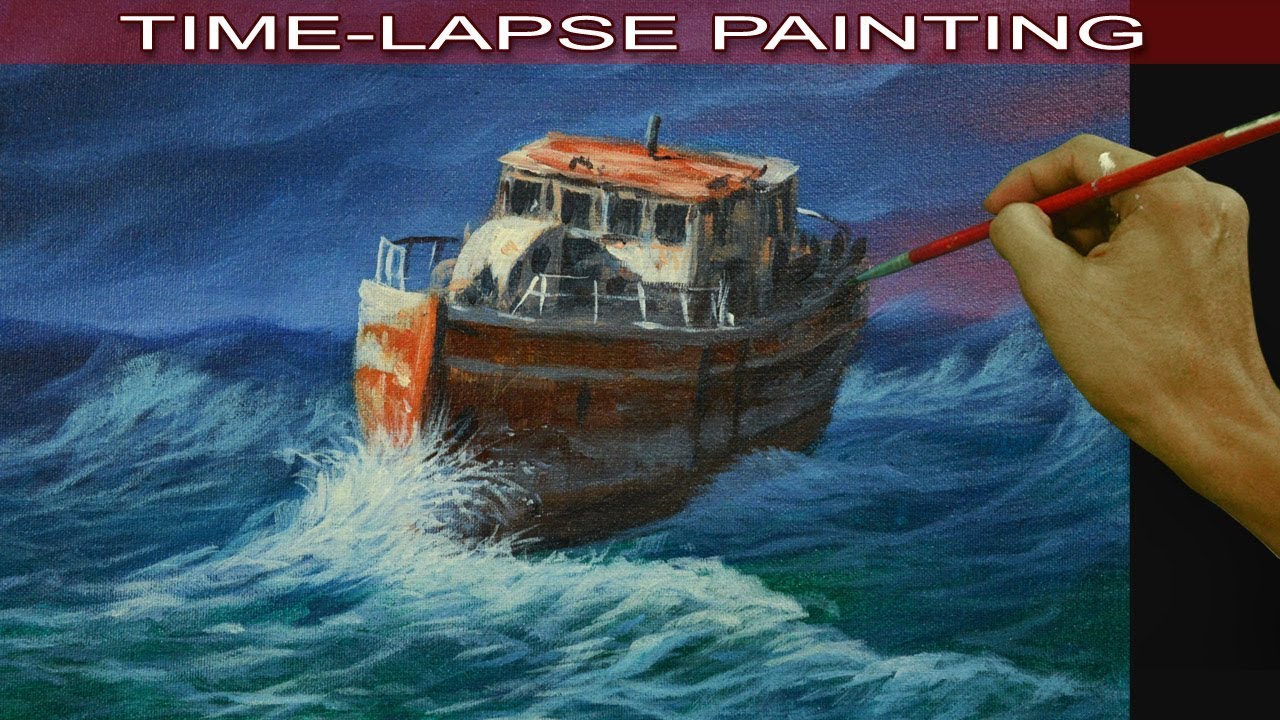 Acrylic Painting in Time Lapse Old Fishing Boat on Huge Waves by JM