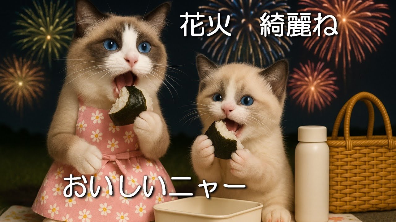 A Summer Fireworks Night 🎆 Mama Cat and Kitten Share a Bento
