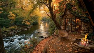 🍂 Cozy Riverside Porch Ambience | Crackling Campfire, Flowing River & Peaceful Nature Sounds
