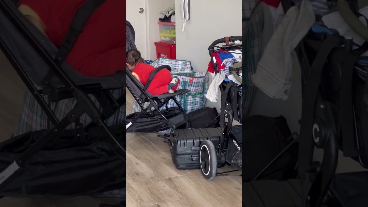 Baby boy climbs into stroller then it closes on him