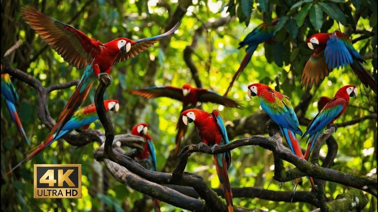 4K ULTRA HD Relax in the Amazing Ara Macaws. Amazonia.