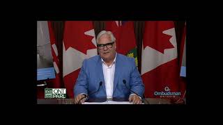 Ombudsman publie son rapport sur les foyers de soins de longue durée
Conférence de presse tenue par lOmbudsman Paul Dubé le 7 september 2023, suite à la diffusion de son rapport « Des leçons sur le long terme » : https://www.ombudsman.on.ca/ressources/rapports,-cas-et-memoires/enquetes/2023/des-lecons-sur-le-long-terme Ombudsman publie son rapport sur les foyers de soins de longue durée