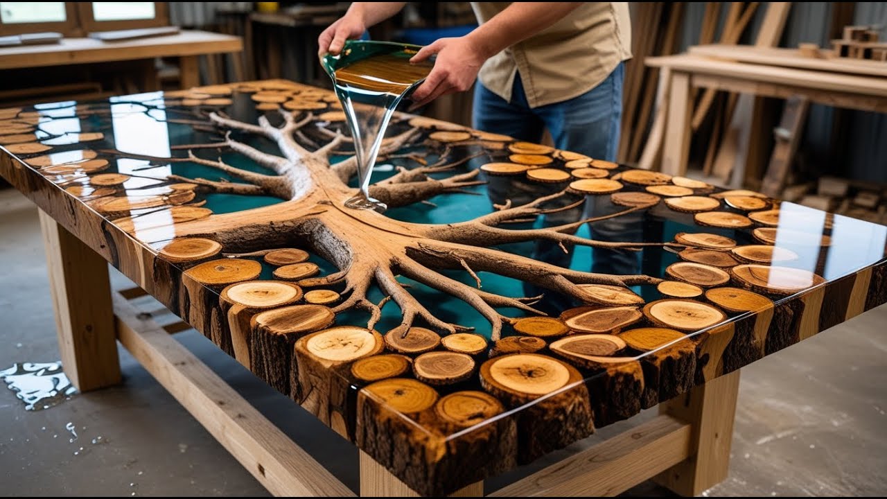 From Recycled Wood to Masterpiece || A Stunning Tree Epoxy Table - YouTube