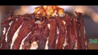 Candied Bacon Cornbread Cake with Mashed Potato Frosting