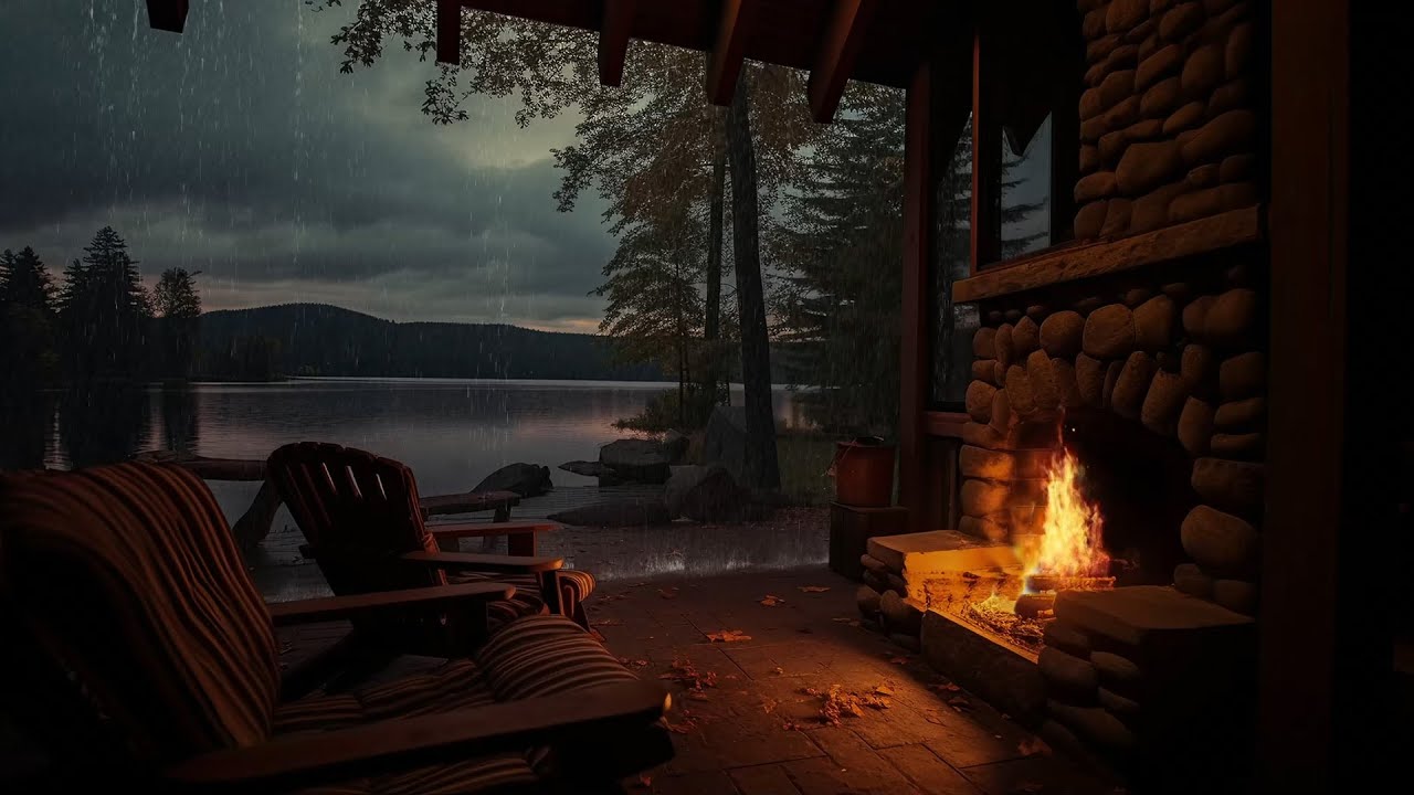 Fireplace and Rain Sounds to Fall Asleep | Cozy Cabin Porch on Rainy ...