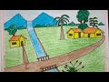 How To Draw Village Scenery/Ghar Ka Chitra Kaise Banaye/ How To Draw House Mountain River