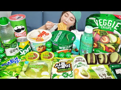 Mukbang ASMR Green Color Korean Convenience Food Jelly Ramen Dessert Recipe Eatingshow Ssoyoung