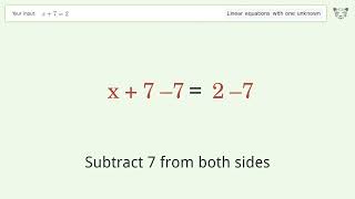 Linear equation with one unknown: Solve x+7=2 step-by-step solution