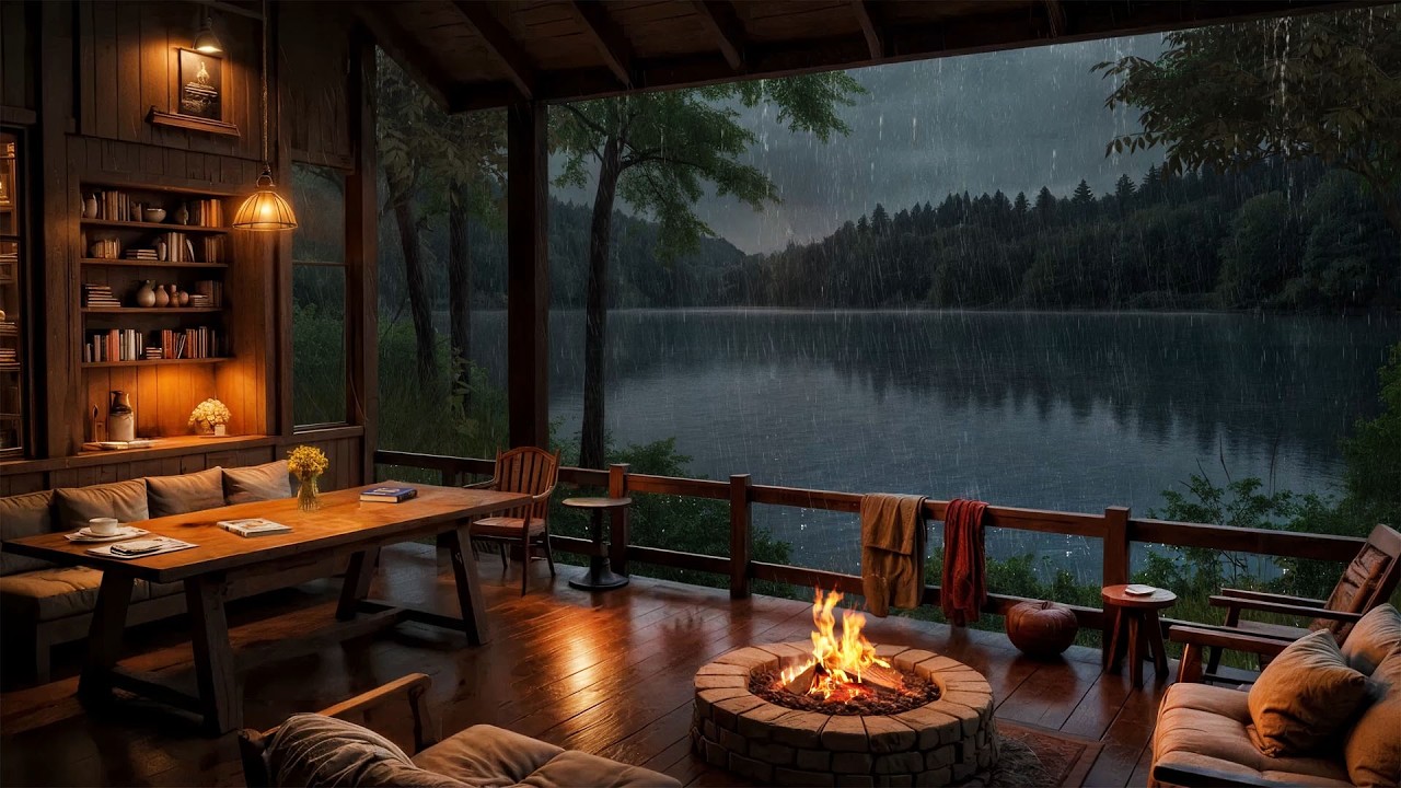 Lakeside Porch Rain at Night 🌧️ Gentle Rain & Cozy Fireplace for Deep Sleep, Relaxation & Focus