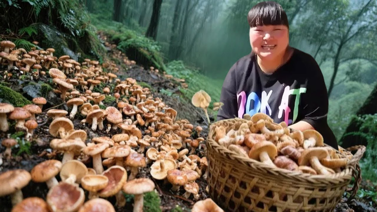 【陕北霞姐】霞姐采来鲜嫩野蘑菇，配肉片一炒，满盘都是山野香气，天然好味！