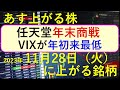 あす上がる株　2023年１１月２８日（火）に上がる銘柄　～最新の日本株での株式投資のお話です。任天堂と年末商戦、VIXが年初来最低値～