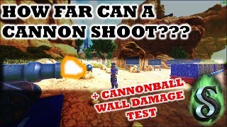 HOW FAR CAN A CANNON SHOOT??? - ARK PRIMITIVE CANNON SHOOTING TEST RANGE + WALL DAMAGE TEST ARK 2017