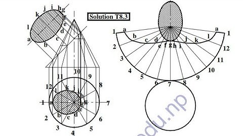 Complete orthographic drawing of solid cut by plane |true space and section | Total surface area