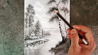 Birch trees,house,water lake,bushes etc landscape drawing / part - 2 /