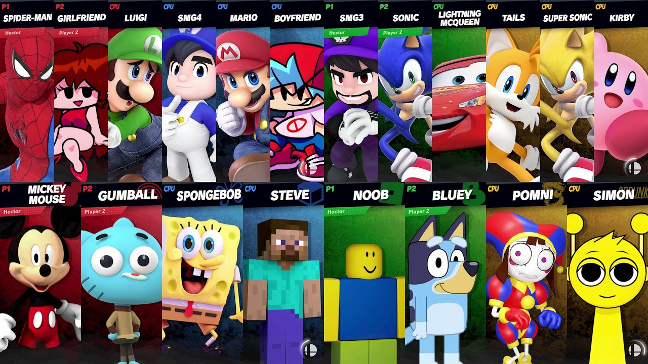 NEW Sonic vs Mario vs Roblox vs Minecraft vs Car vs Spider-Man vs Bluey vs SpongeBob in Super Smash