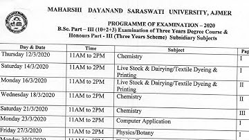 Science B. Sc. Part 3rd Year Exam Time Table 2020 || Date Sheet For Exam 2020 || Mdsu Ajmer