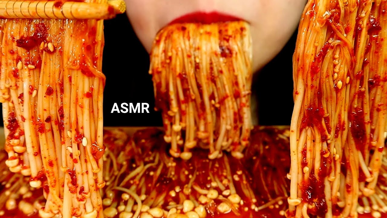 ASMR Spicy Enoki Mushroom Eating Sounds, 매운 팽이버섯 먹방, กินเห็ดรสเผ็ด, Ăn nấm cay