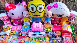 candy, Upin and Ipin ice cream, Doraemon chocolate, duck lollipop, hello Kitty balloon, stuffed cow