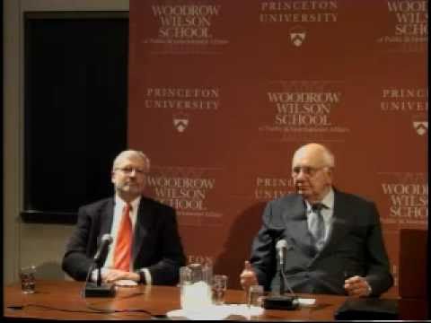 Joshua Bolten '76, the John L. Weinberg/ Goldman Sachs & Co. Visiting Professor at the Woodrow Wilson School and former White House Chief of Staff, and Paul Volcker '49, former chairman of the Federal Reserve, participated in a discussion titled, "A Conversation with Paul Volcker and Josh Bolten" at 4:30 pm on Monday, December 6, in Dodds Auditorium, Robertson Hall. They were joined by former New Jersey governor Jon Corzine, the John L. Weinberg/Goldman Sachs & Co. Visiting Professor at the Woodrow Wilson School. The discussion is the sixth and final lecture in the School's Financial Market Regulation series.