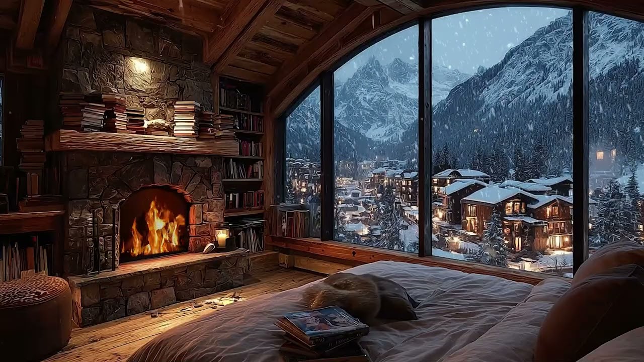 Peaceful Snowfall at a Warm Cabin with Fireplace Crackling for Stress Relief and Deep Sleep
