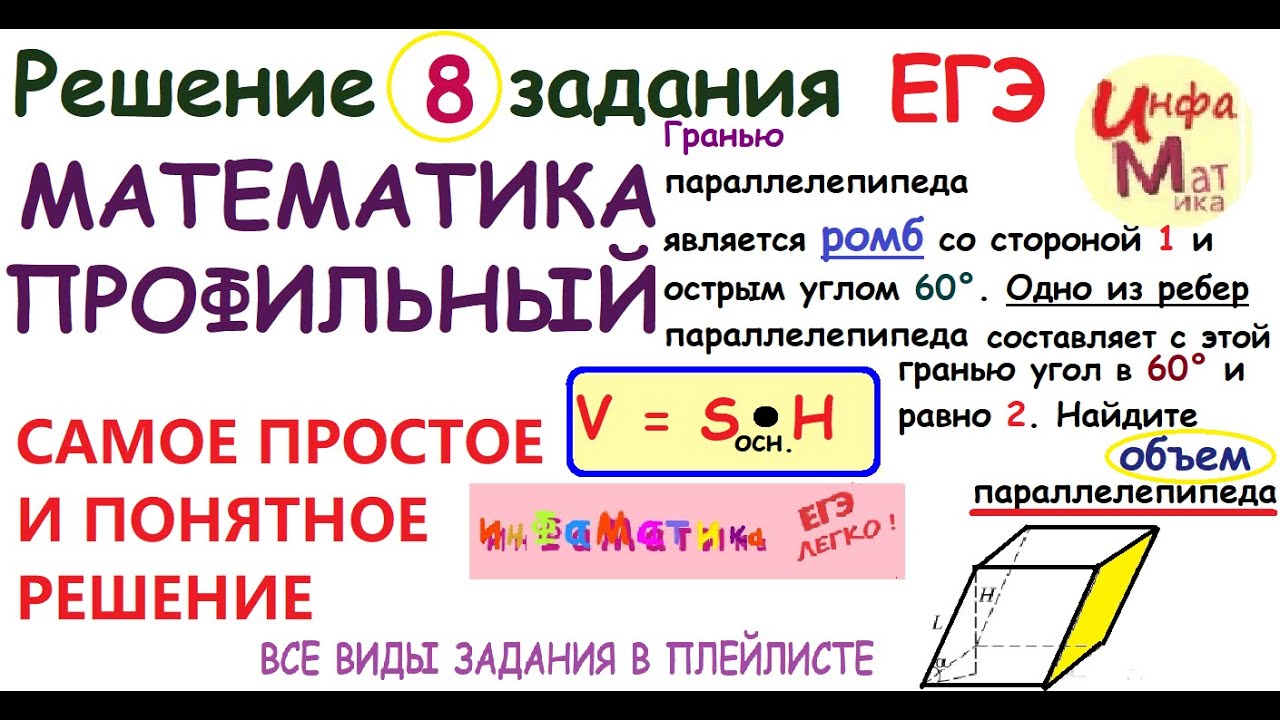 Гранью параллелепипеда является ромб со стороной 1 и острым ....8 ...