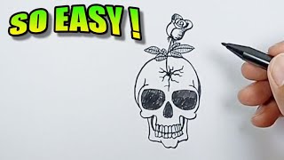 how to draw a skull with a rose easy drawings