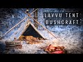 Winter Snowfall Bushcraft in Lavvu - Bow Saw from a Branch - Overnight