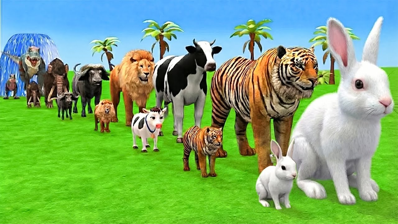 Long Slide Game With Cow Elephant Gorilla Hippopotamus Tiger - 3d Animal Game - Funny 3d