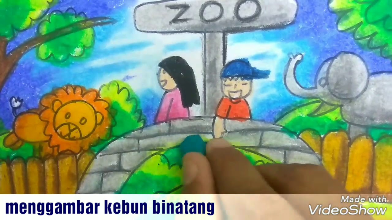 Cara menggambar kebun binatang  dan mewarnai dengan crayon 