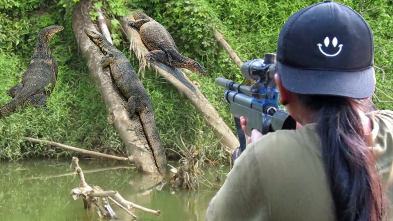 SEHARI FULL TEMBAK BIAWAK JUMBO SUNGAI LARANGAN POIN 6 EKOR BABON( cewek hebat kuat dan jitu)