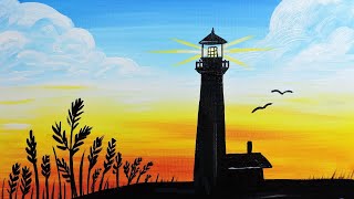 🌅 EP51- 'Lighthouse Silhouette' - Easy acrylic lighthouse painting tutorial for beginners
