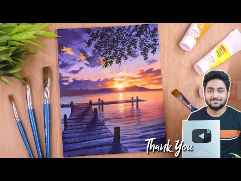 Acrylic painting idea landscape painting of sunset and river side dock