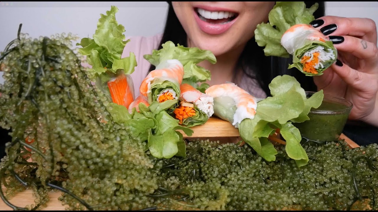 SEAGRAPES + SALAD ROLL (ASMR EATING SOUNDS) LIGHT WHISPERS | SAS-ASMR