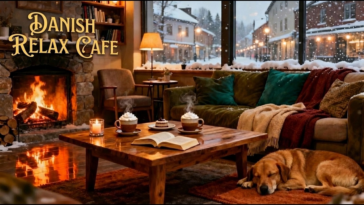 Danish Cafe Ambience ☕ Peaceful Jazz Piano & Warm Fireplace Ambience
