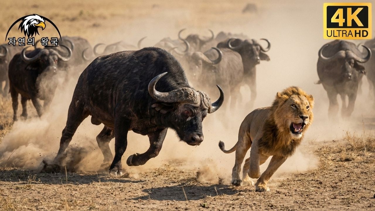 사자를 쫓는 버팔로 무리 - 삶과 죽음의 순간