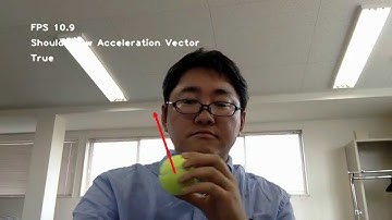 2015-04-08 画像処理（OpenCV）の平均値シフト物体追跡法でテニスボールの加速度ベクトルを描く（速度は5フレーム平均）