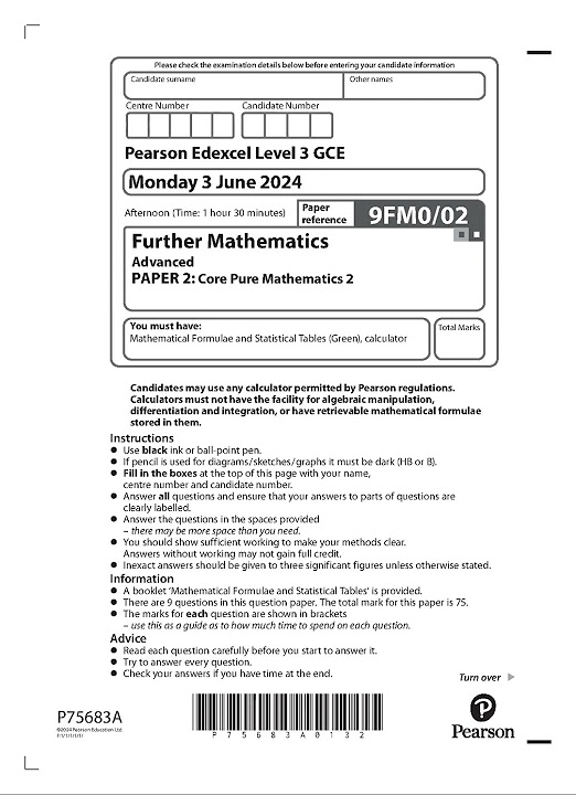 Pearson EDEXCEL A Level Further MathemATIcs Question Paper 2 2024 9fm0 ...