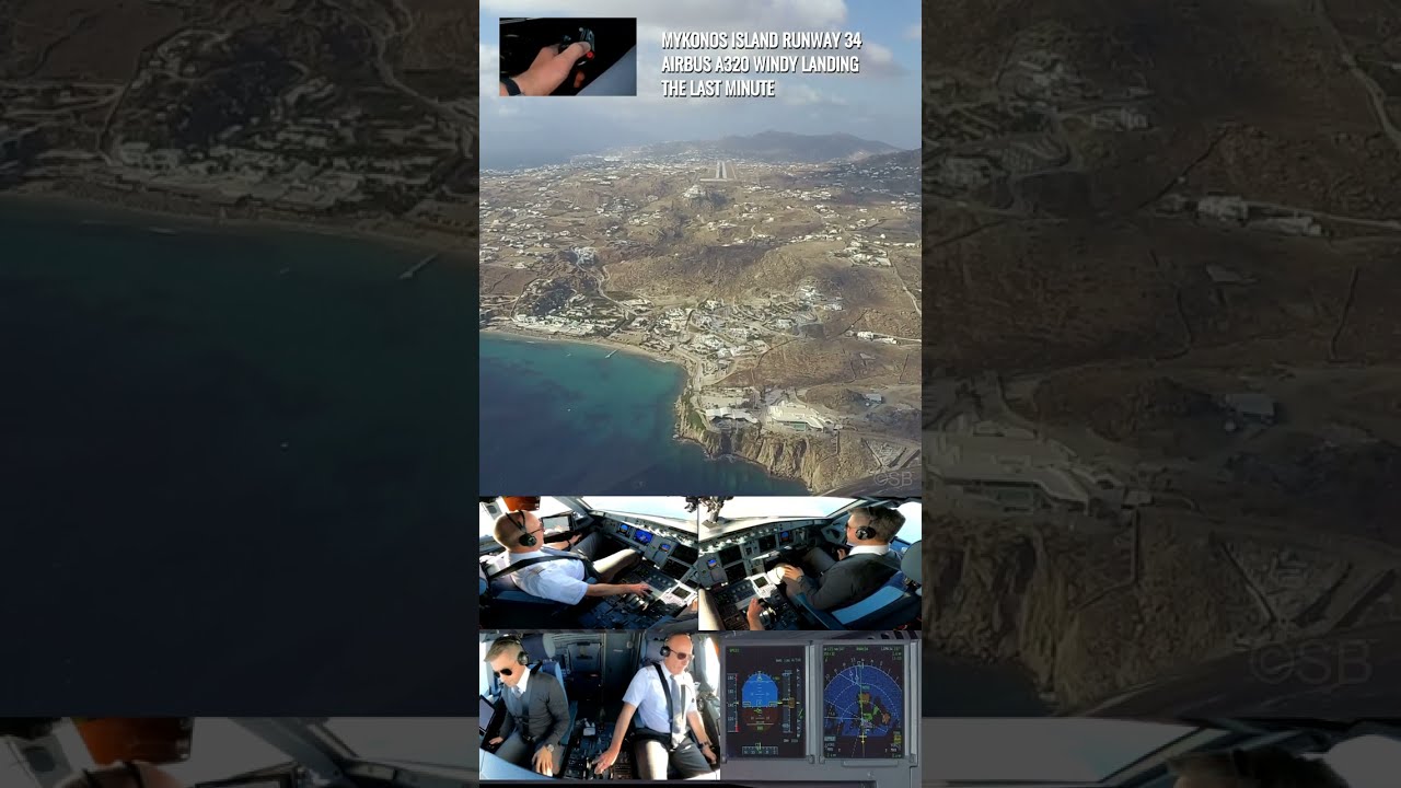 Mykonos Island (JMK) | windy Airbus landing Rwy 34 | the last minute | Pilots + cockpit view 