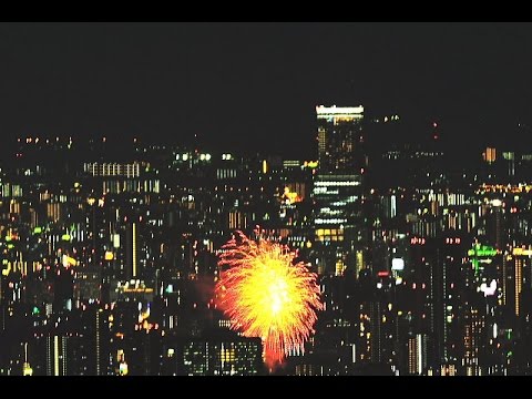 天神祭奉納花火&あべのハルカスを２ショット（２３キロ離れた竜王山にて撮影）