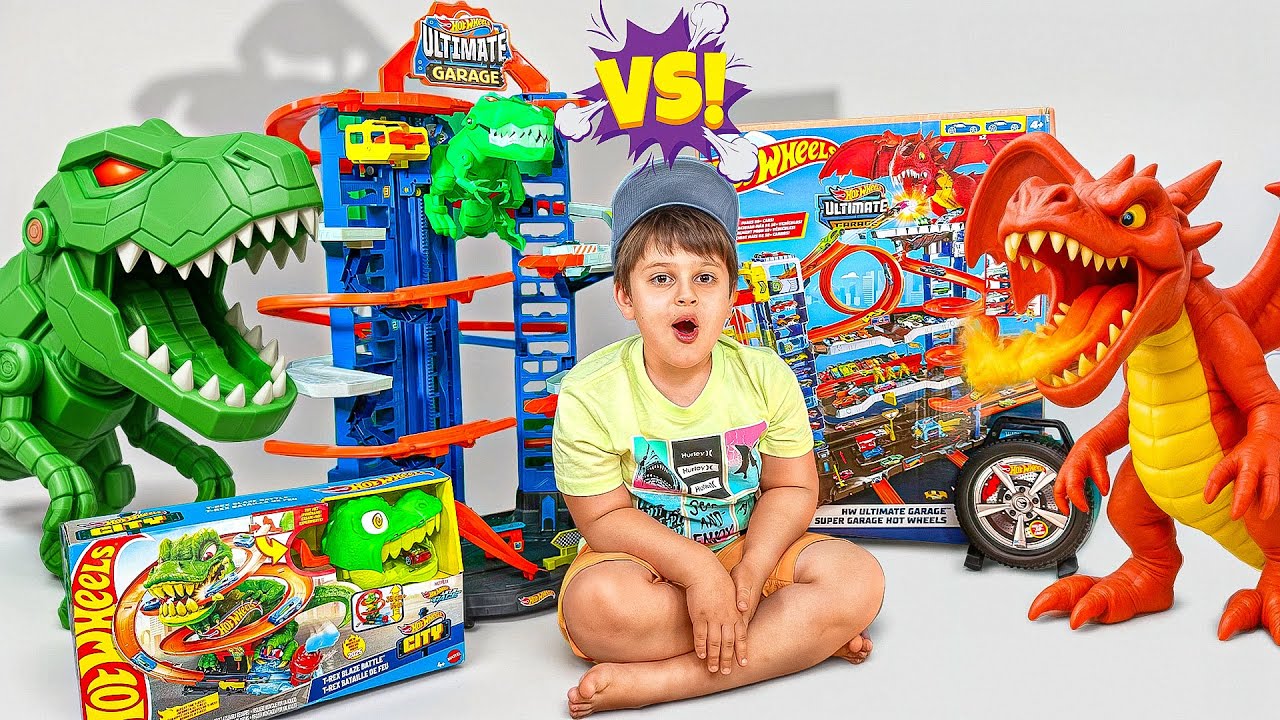 Hot Wheels City Ultimate Garage & T-Rex Blaze Battle! Leo Sam & Dylan’s Dragon Toy Hunt Adventure