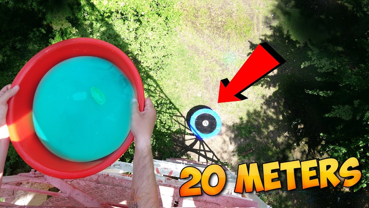 10 KILOGRAM WATER STRESS BALL ON THE TRAMPOLINE FROM THE 40TY METER TOWER! WHAT CAN GO WRONG?