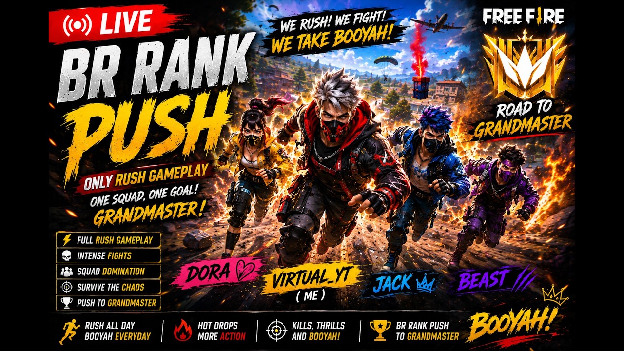 🔴 FREE FIRE LIVE | BR RANK PUSH TO GRANDMASTER 😈 | FULL RUSH GAMEPLAY ...