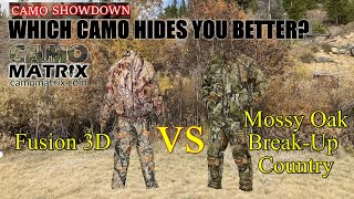 Compare Old Fusion 3D VS Mossy Oak Break-Up Country with simulated deer vision on 14 Backgrounds.