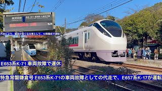 横須賀線 特急常磐鎌倉号 E657系K-17(E653系K-71の代走)北鎌倉駅到着・発車シーン