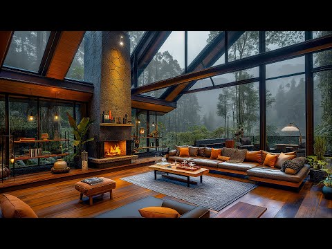 Tranquil Forest Escape - Rainy Day Relaxing Cabin Jazz and Fireplace Sounds | Nature's Serenity 🔥🎶
