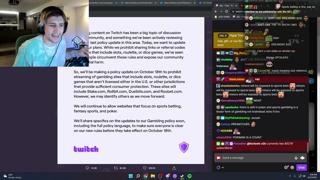 xQc Reacts to Twitch Bans Gambling