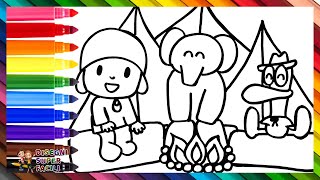 Disegnare e Colorare Pocoyó, Elly e Pato mentre sono in Campeggio 👶🐘🦆🏕️ Disegni per Bambini