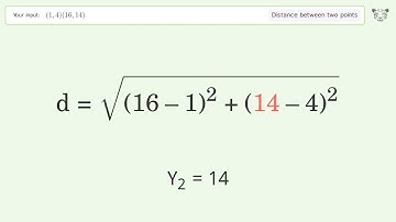 Find the distance between two points p1 (1,4) and p2 (16,14): Step-by-Step Video Solution