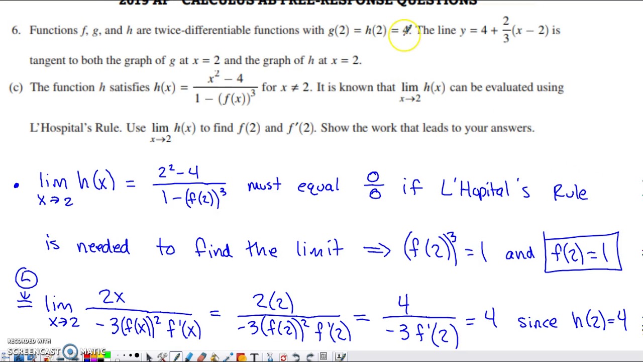 2019 AP Calculus AB Free Response Question 6 YouTube